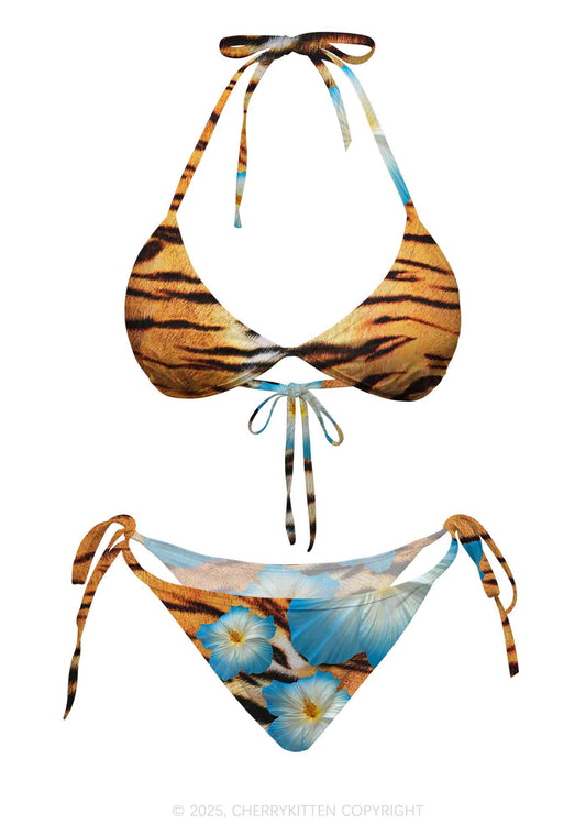 Tiger With Flowers Y2K Print Bikini Set Cherrykitten