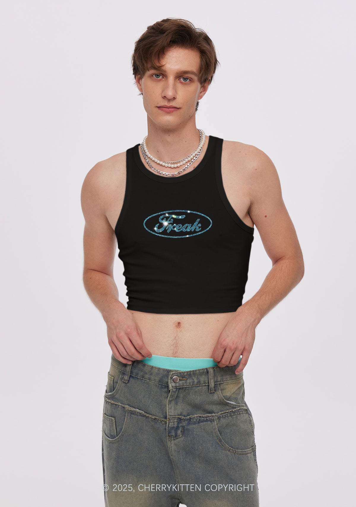 Rhinestone Oval Freak Y2K Crop Tank Top Cherrykitten