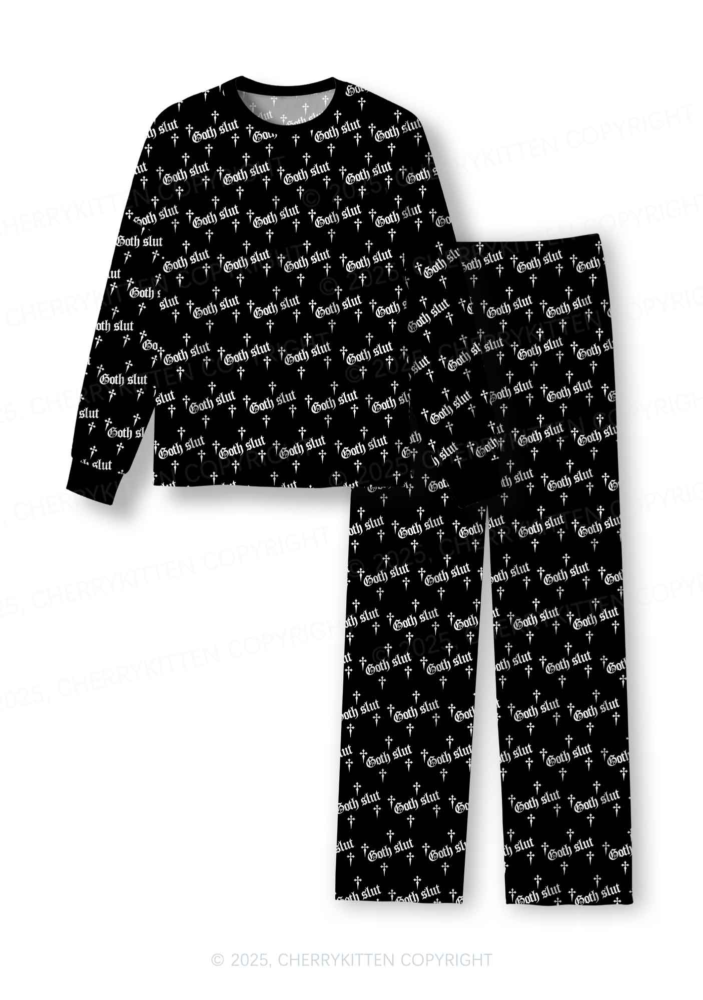 Halloween White Goth Slxt Y2K Print Long Sleeve Pajama Set Cherrykitten