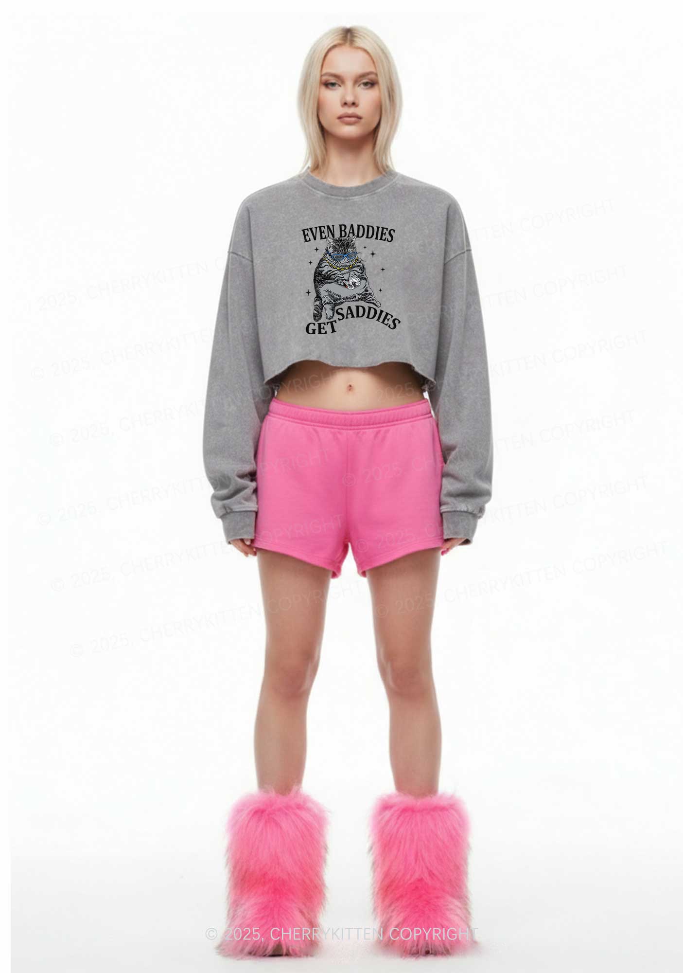 Even Baddies Get Saddies Y2K Crop Washed Sweatshirts Cherrykitten