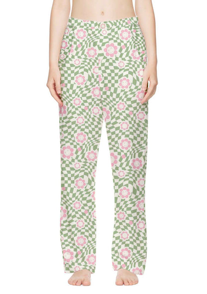 Checkerboard Pink Daisy Print Casual Pants