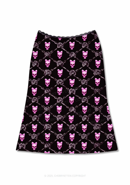 Halloween Pink Skull Y2K Print Midi Skirt Cherrykitten