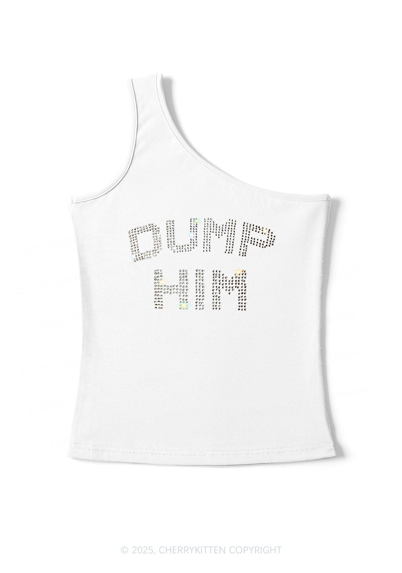 Rhinestone Dump Him Y2K One Shoulder Tank Top Cherrykitten