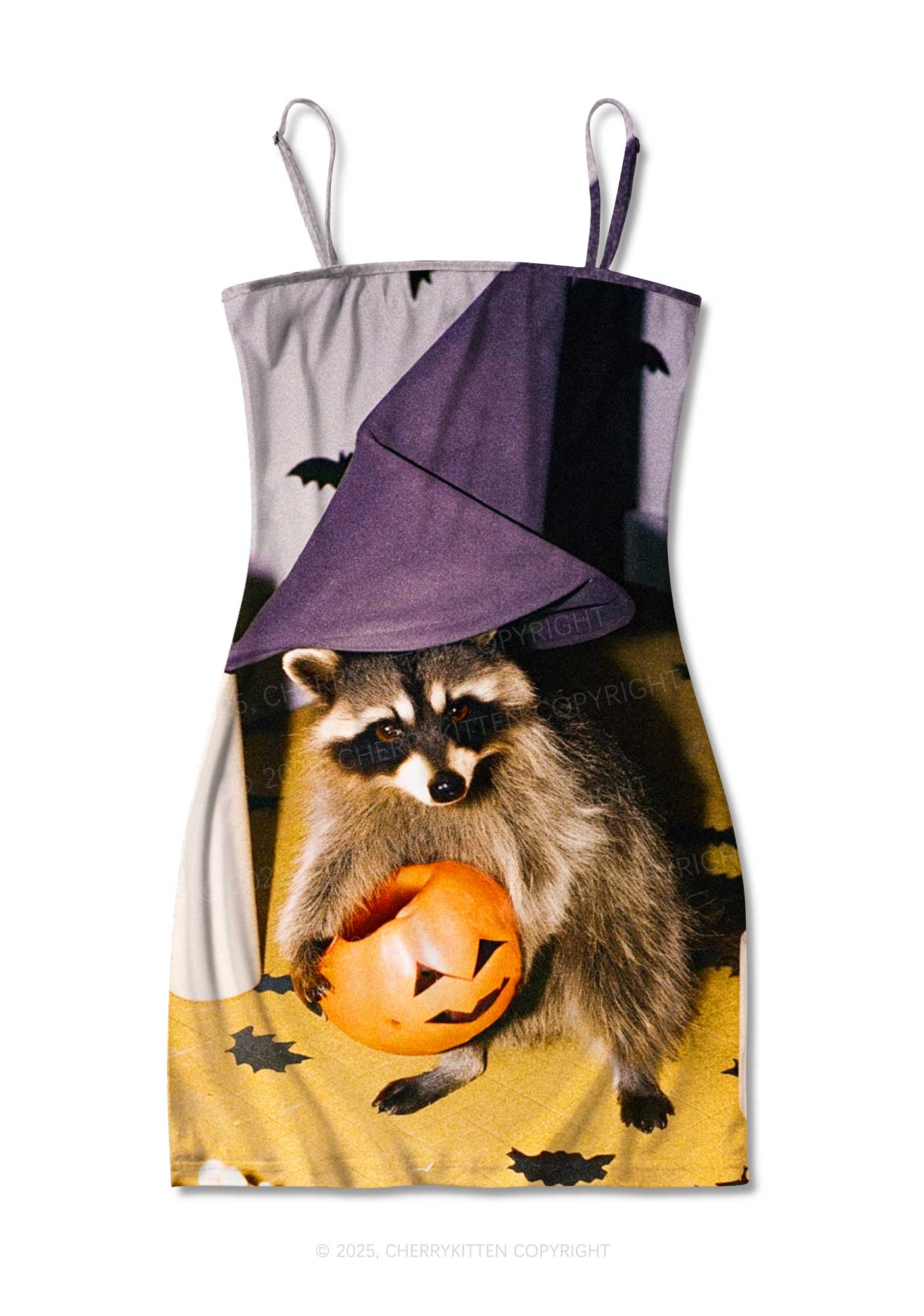 Halloween Witch Hat Raccoon Y2K Print Slip Dress Cherrykitten
