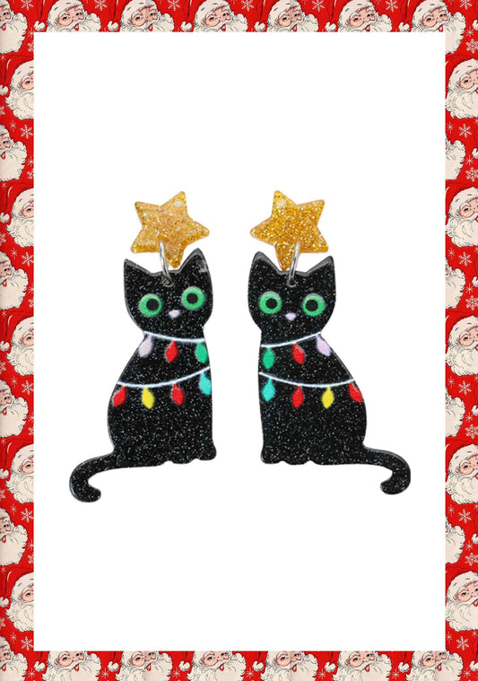 Christmas Y2K Colored Lights Black Cat Earrings Cherrykitten