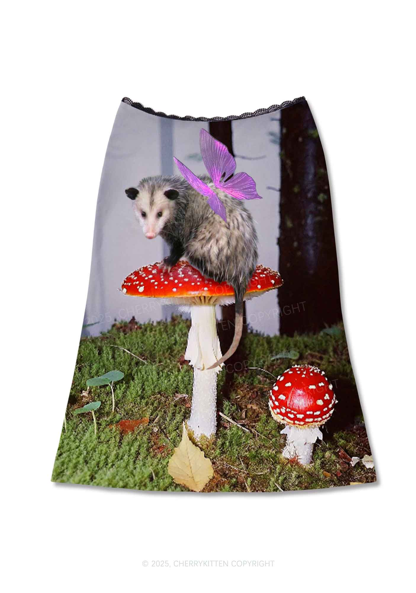 Fairy Possum On Mushroom Y2K Print Midi Skirt Cherrykitten