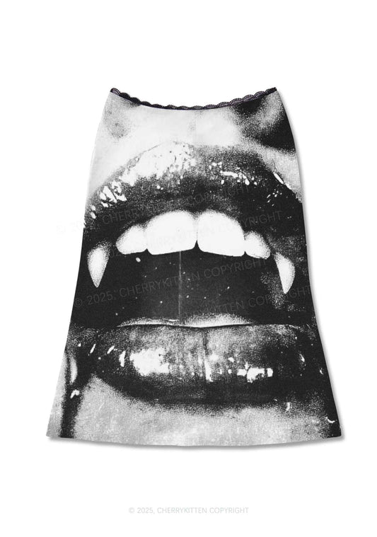Halloween Vampire Lips Y2K Print Midi Skirt Cherrykitten