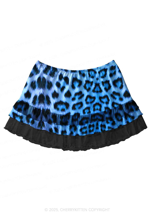 Blue Leopard Y2K Print Mini Layered Skirt Cherrykitten