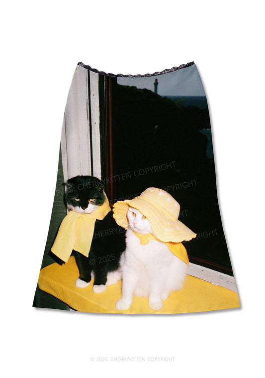 Cats Friend Y2K Print Midi Skirt Cherrykitten