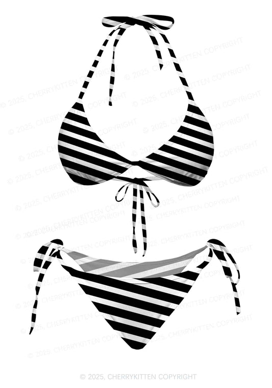 Black And White Stripes Y2K Print Bikini Set Cherrykitten