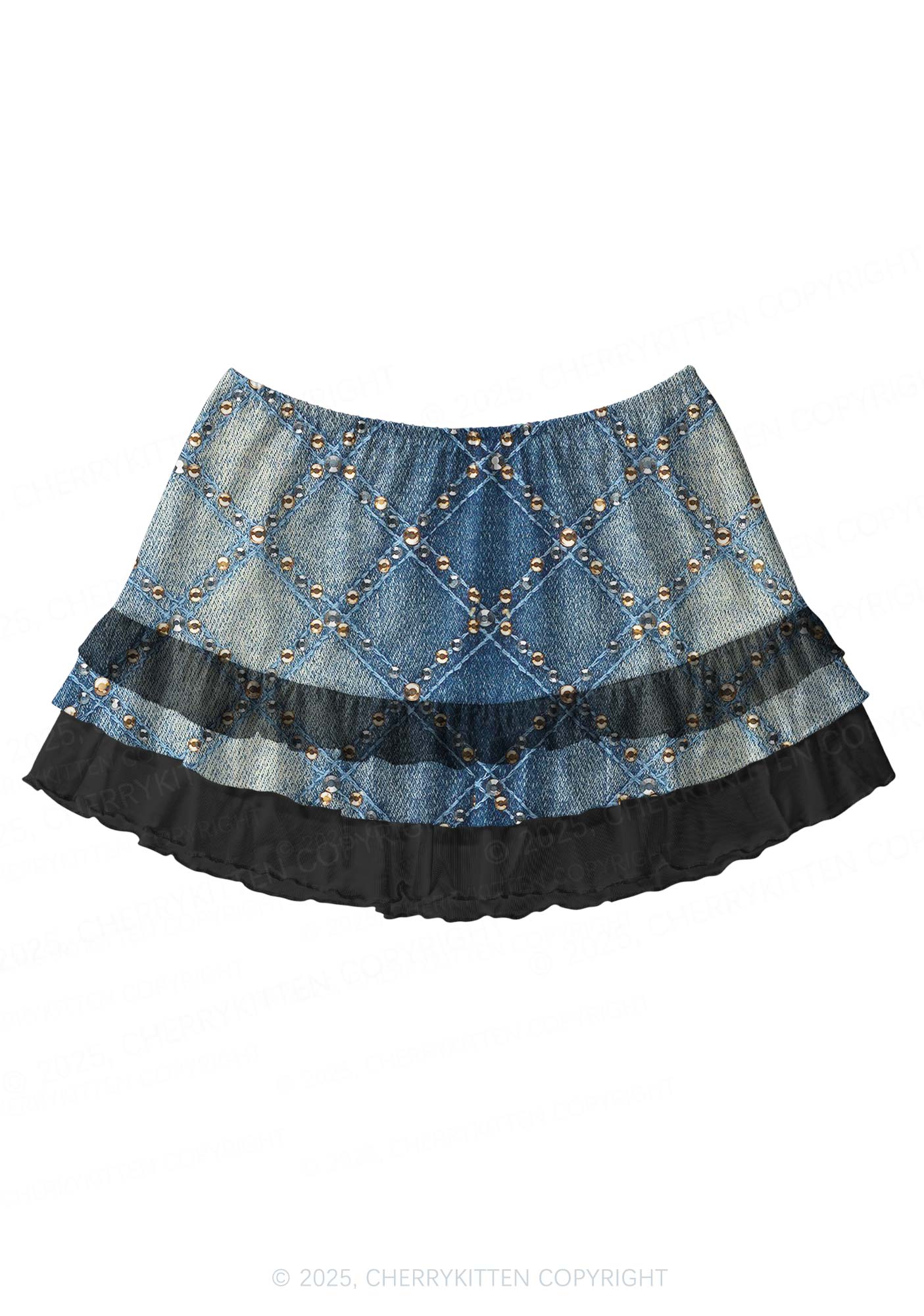 Denim Sparkle Y2K Print Mini Layered Skirt Cherrykitten