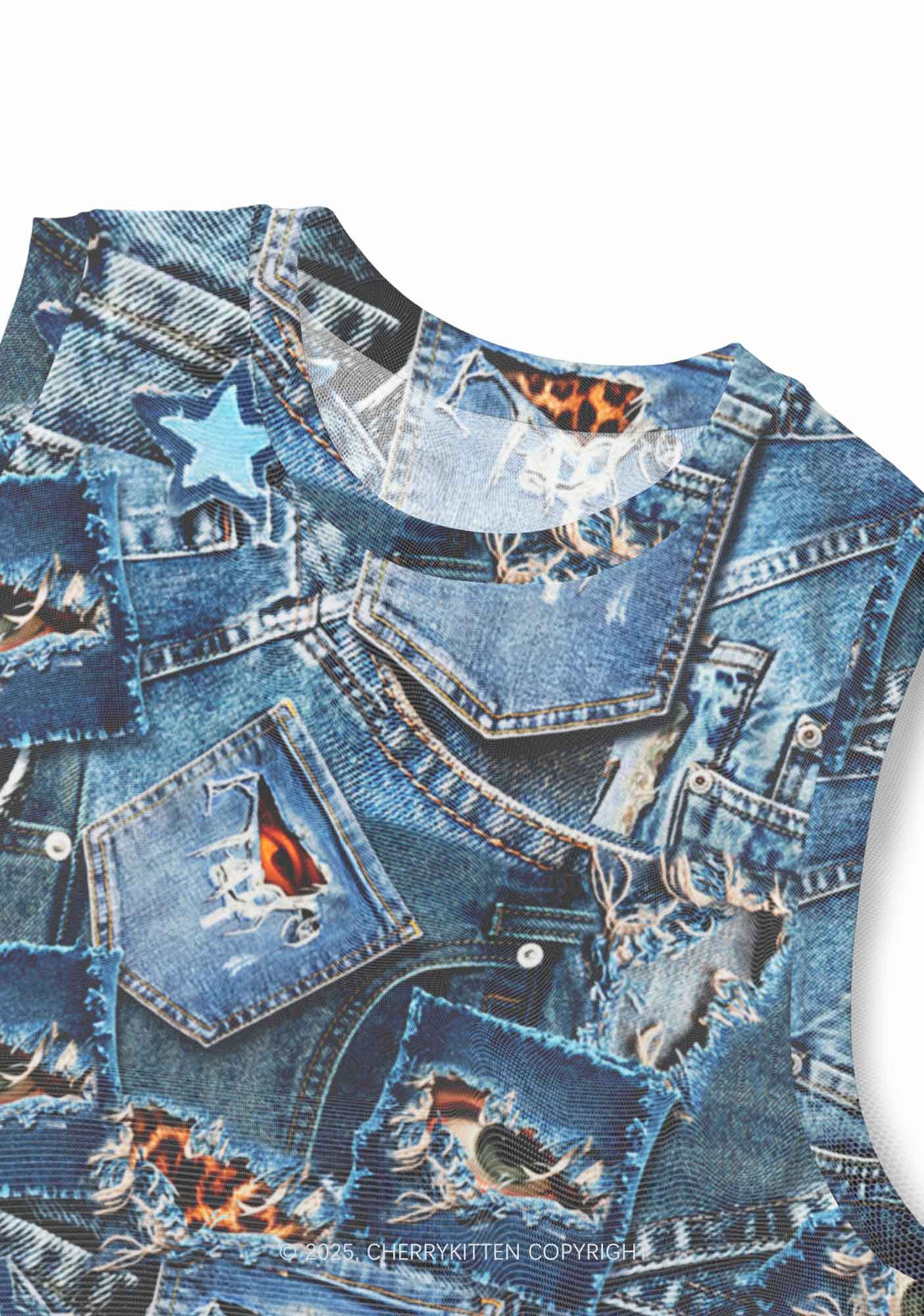 Denim Patchwork Y2K Mesh Muscle Tank Cherrykitten
