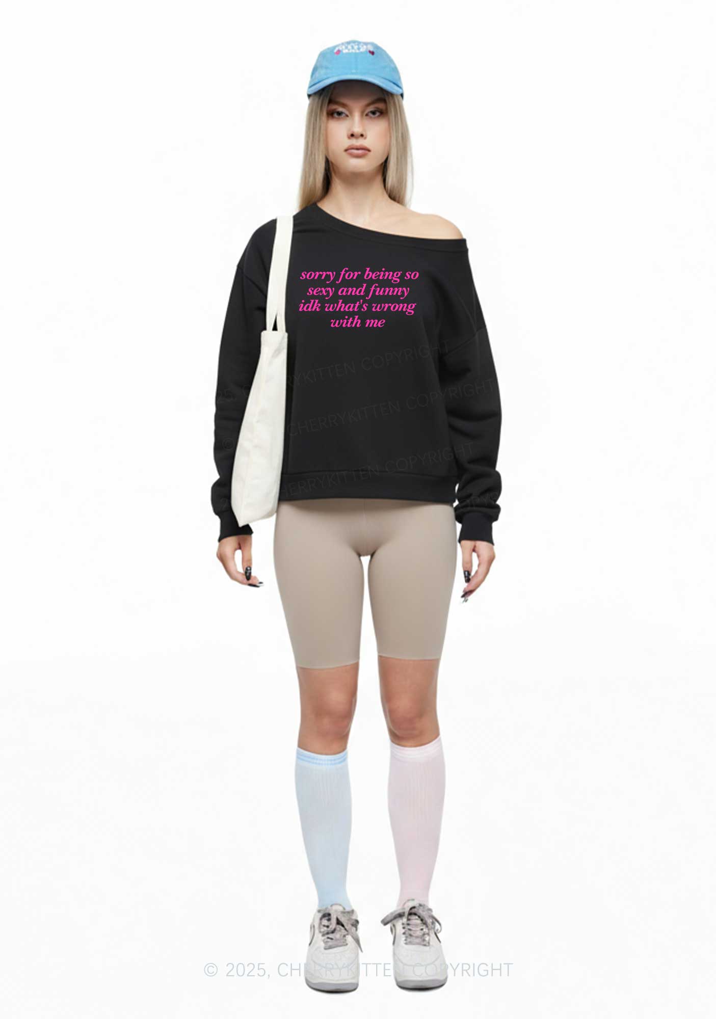 Sorry For Being So Funny Y2K Off Shoulder Sweatshirts Cherrykitten