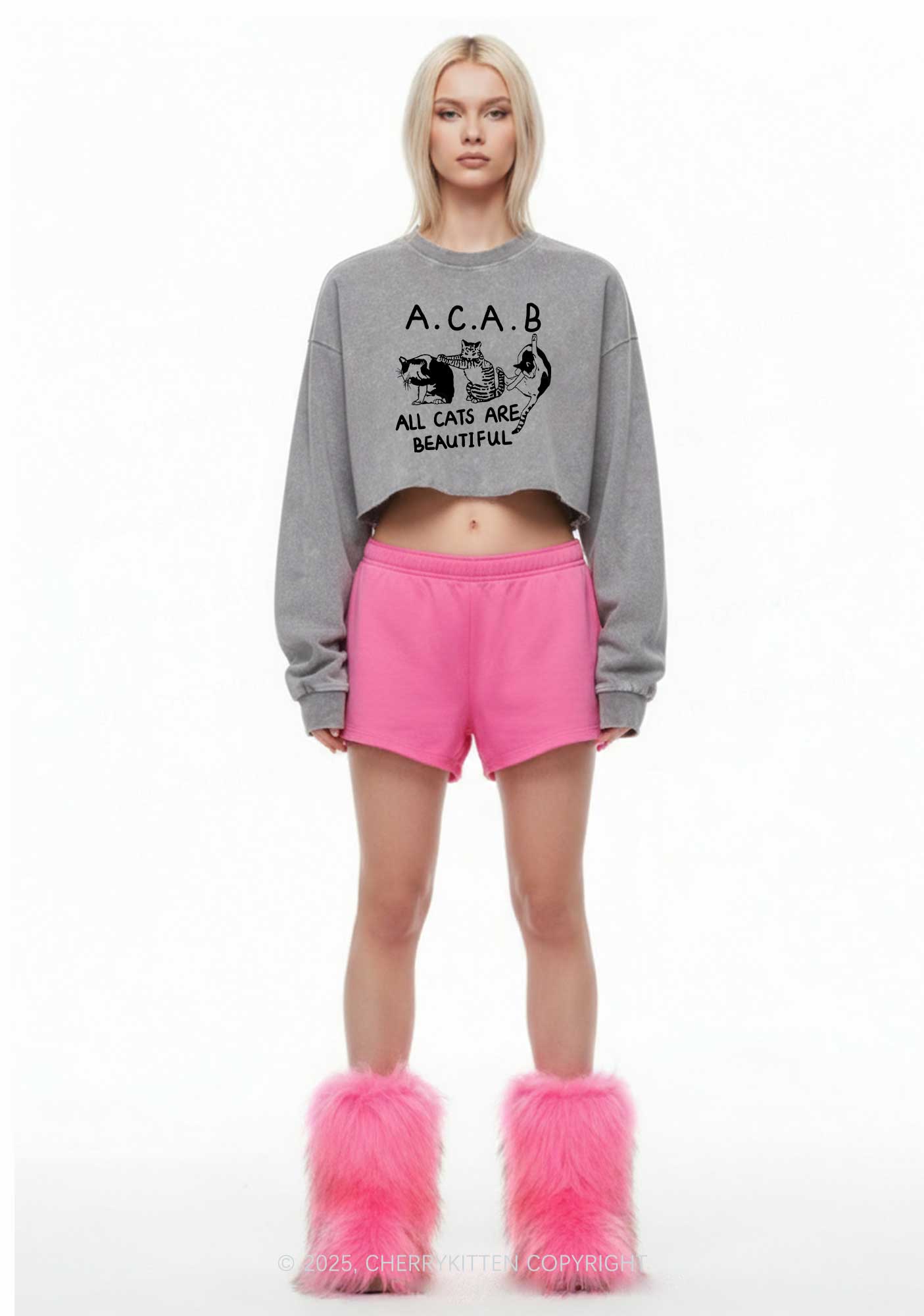 ACAB Cats Y2K Crop Washed Sweatshirts Cherrykitten