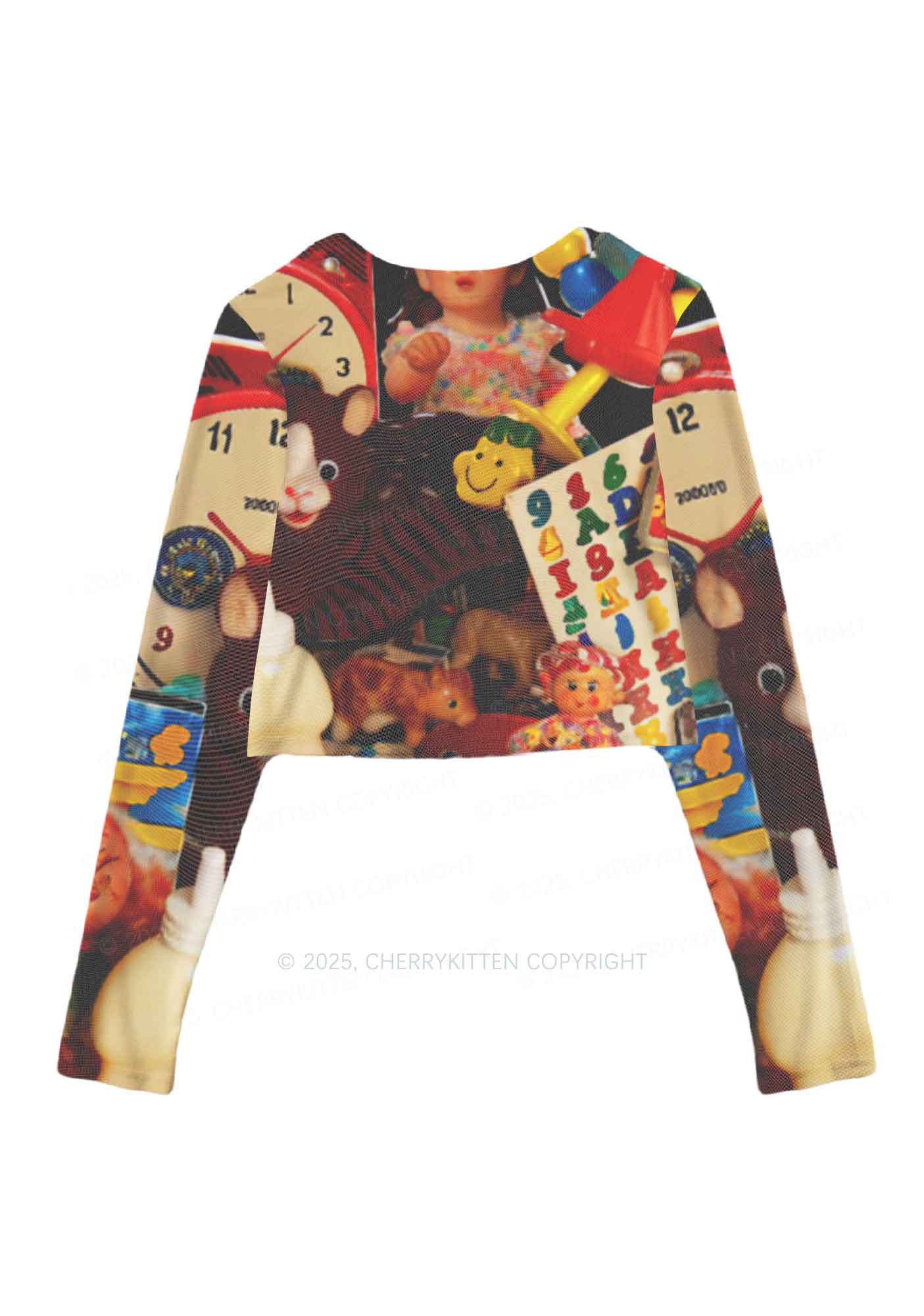 Nostalgic Childhood Y2K Mesh Long Sleeve Crop Top Cherrykitten