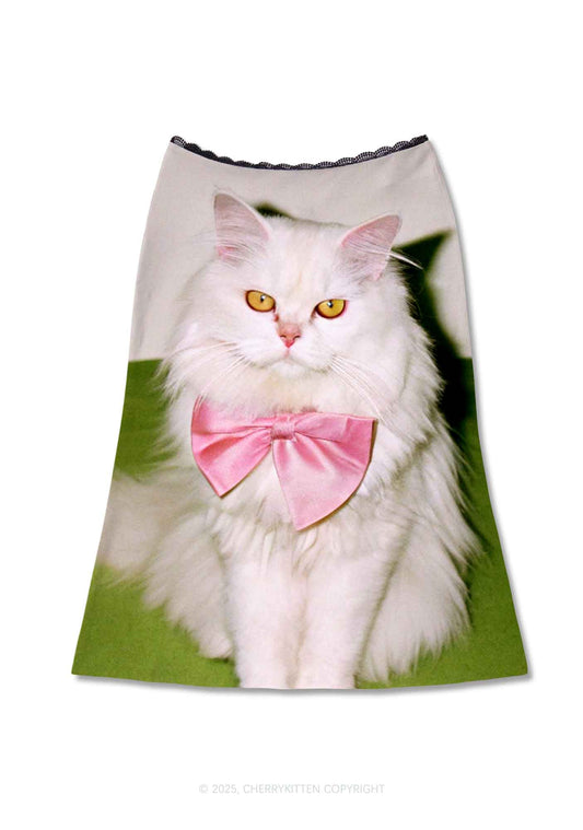 Pink Bow Cat Y2K Print Midi Skirt Cherrykitten