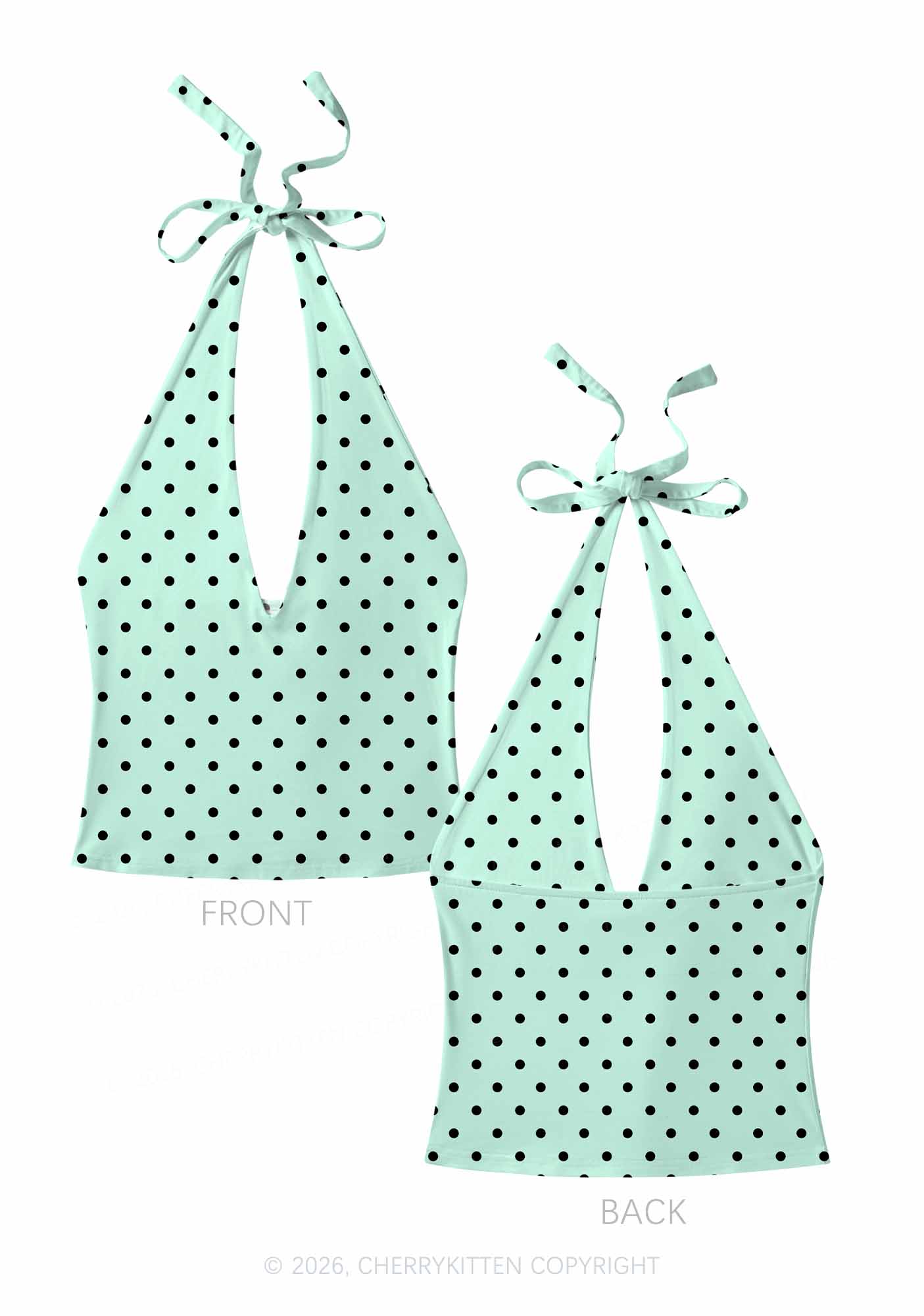 Black Dots On Mint Green Y2K Print Halter Deep V Neck Cami Cherrykitten