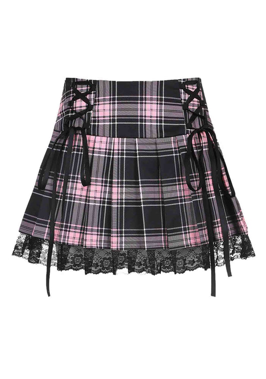 Y2K High Waist Pink Plaid Pleated Lace Up Skirt Cherrykitten