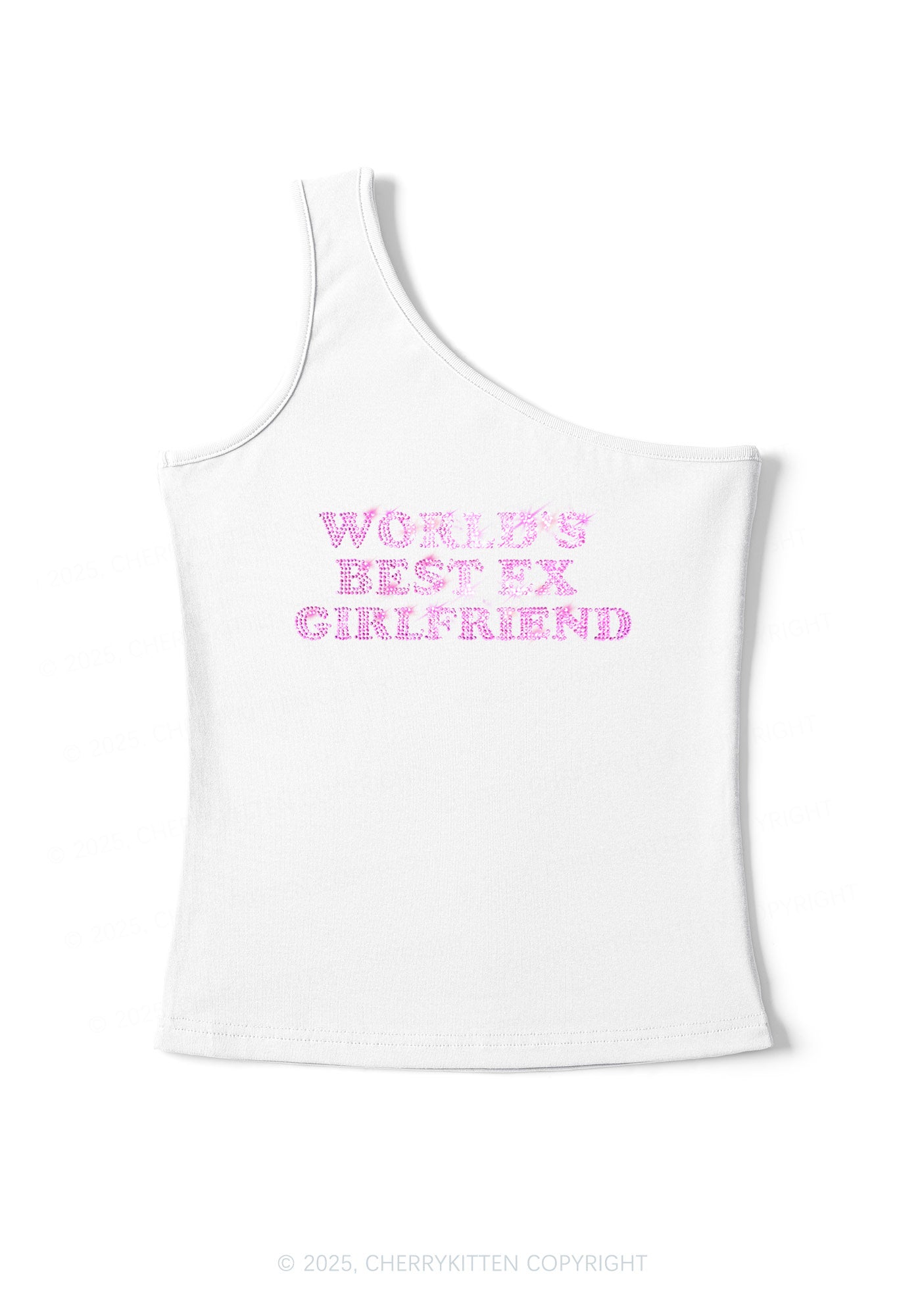 Rhinestone Best Ex Girlfriend Y2K One Shoulder Tank Top Cherrykitten