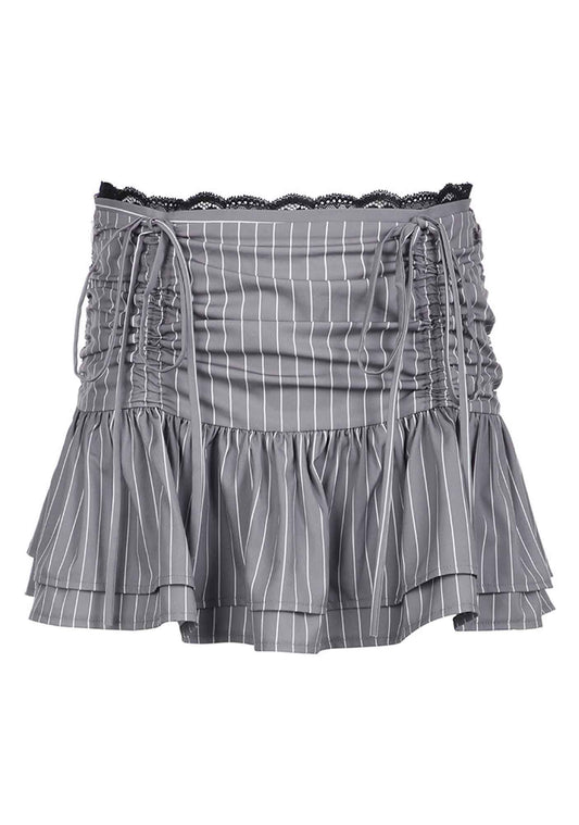 Y2K Gray Striped Lace Splicing Drawstring Pleated Skirt Cherrykitten