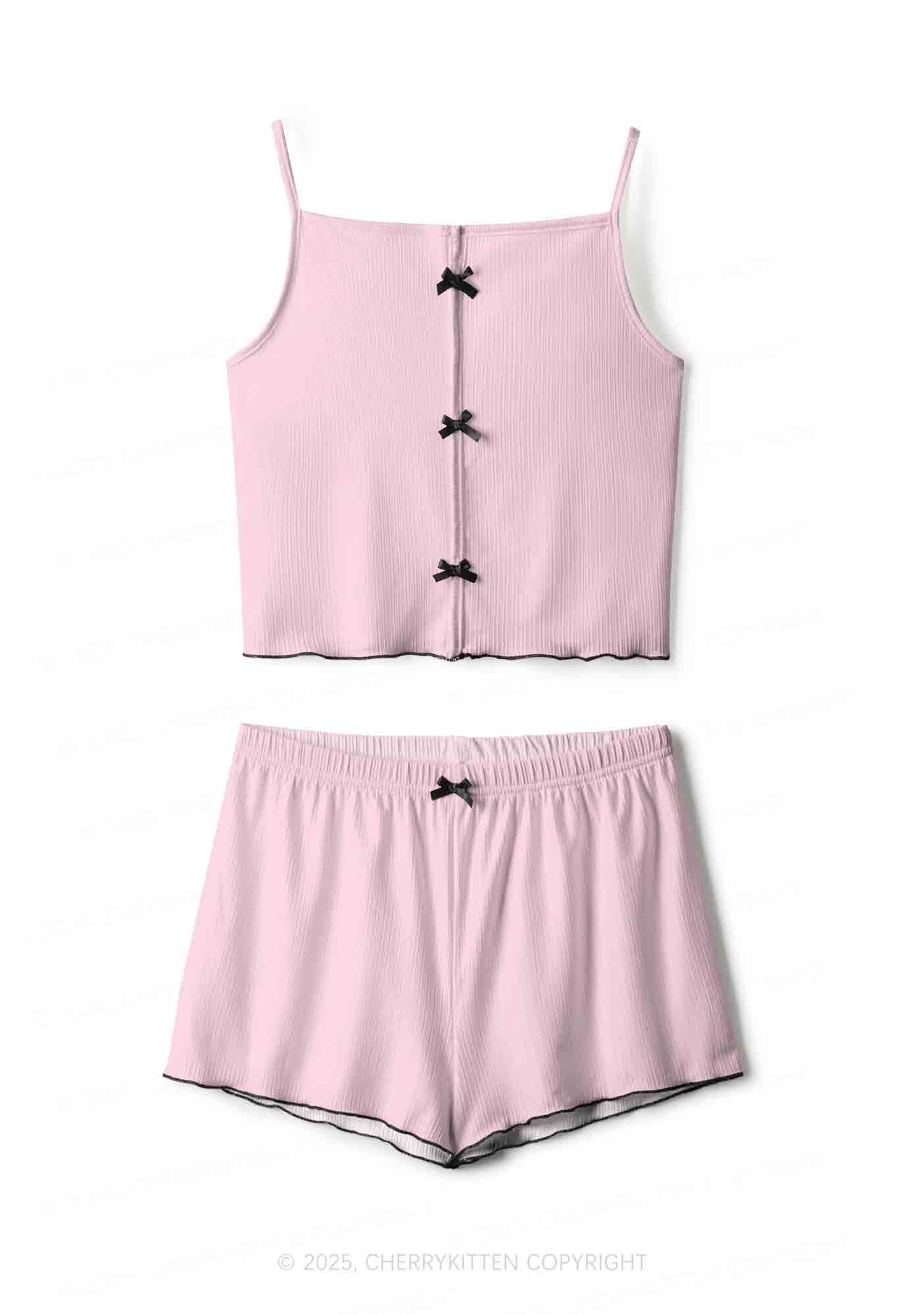 Plain Light Pink Y2K Print Cami Shorts Pajama Set Cherrykitten