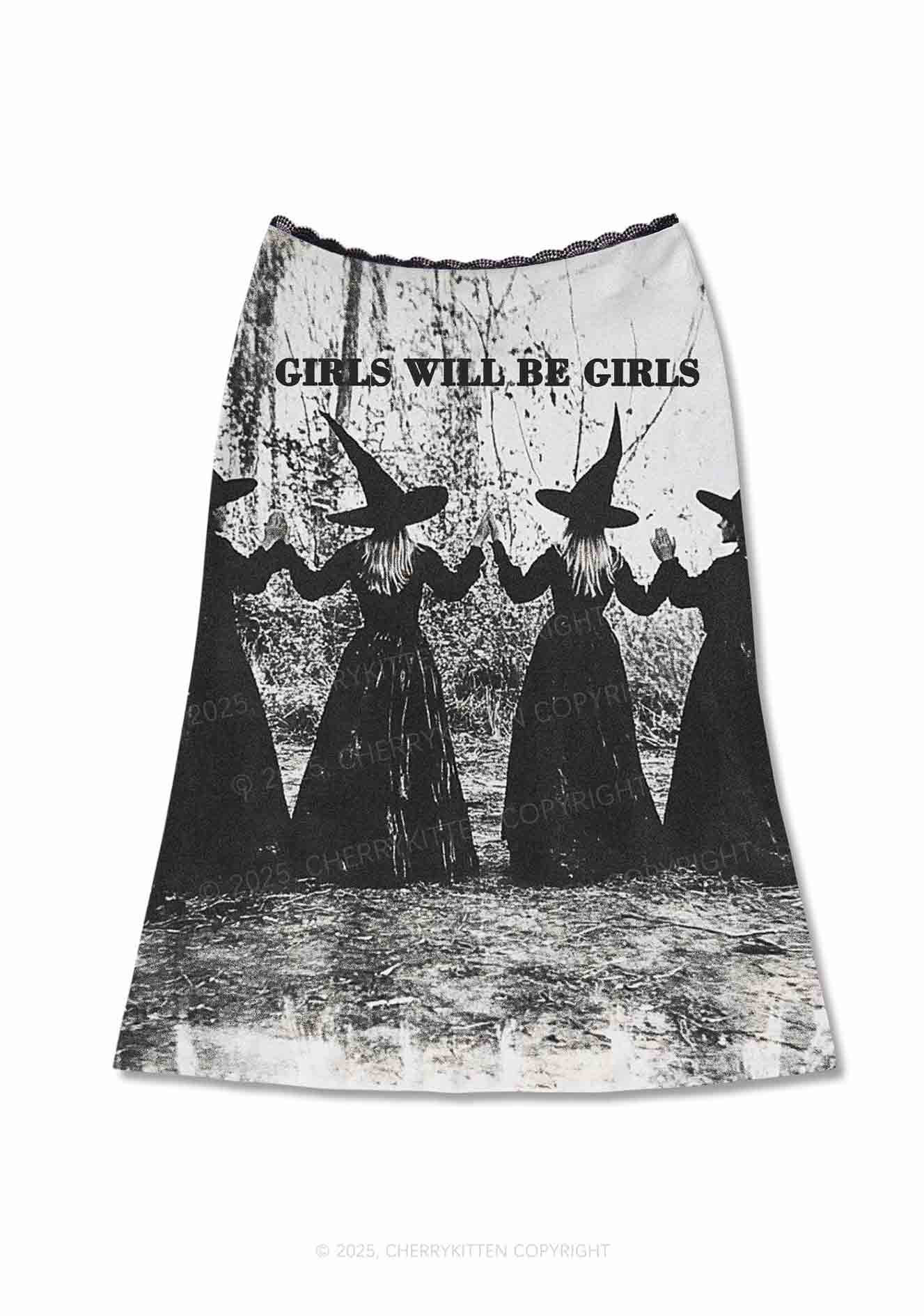 Halloween Girls Will Be Girls Y2K Print Midi Skirt Cherrykitten