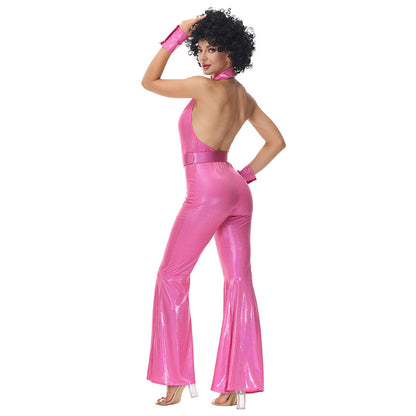 Hot Pink Deep V Neck Jumpsuit Y2K Halloween Cosplay Costume