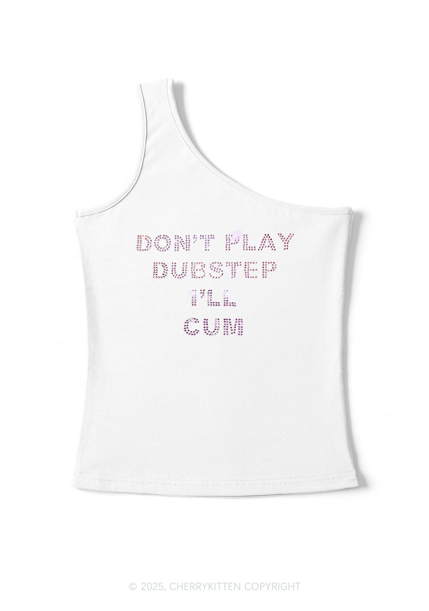 Rhinestone Dont Play Dubstep Y2K One Shoulder Tank Top Cherrykitten