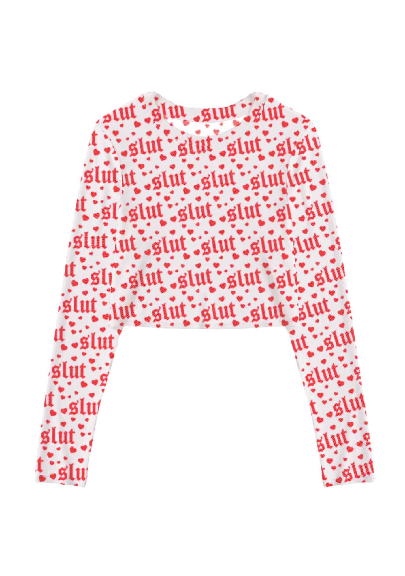 Slxt Red Heart Y2K Mesh Long Sleeve Crop Top Cherrykitten
