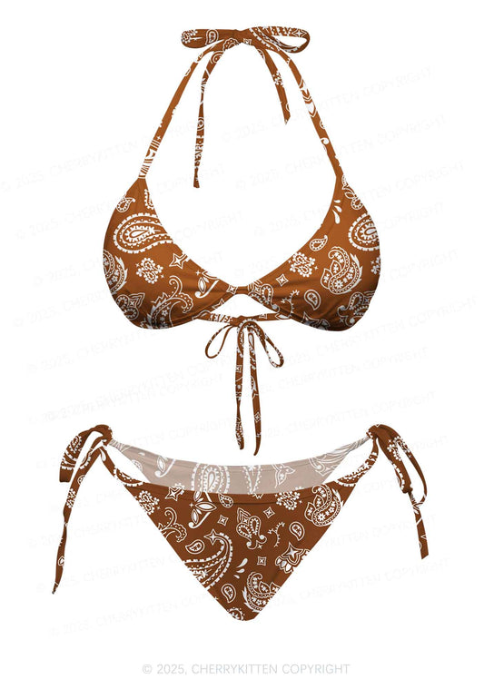 Brown Paisley Y2K Print Bikini Set Cherrykitten