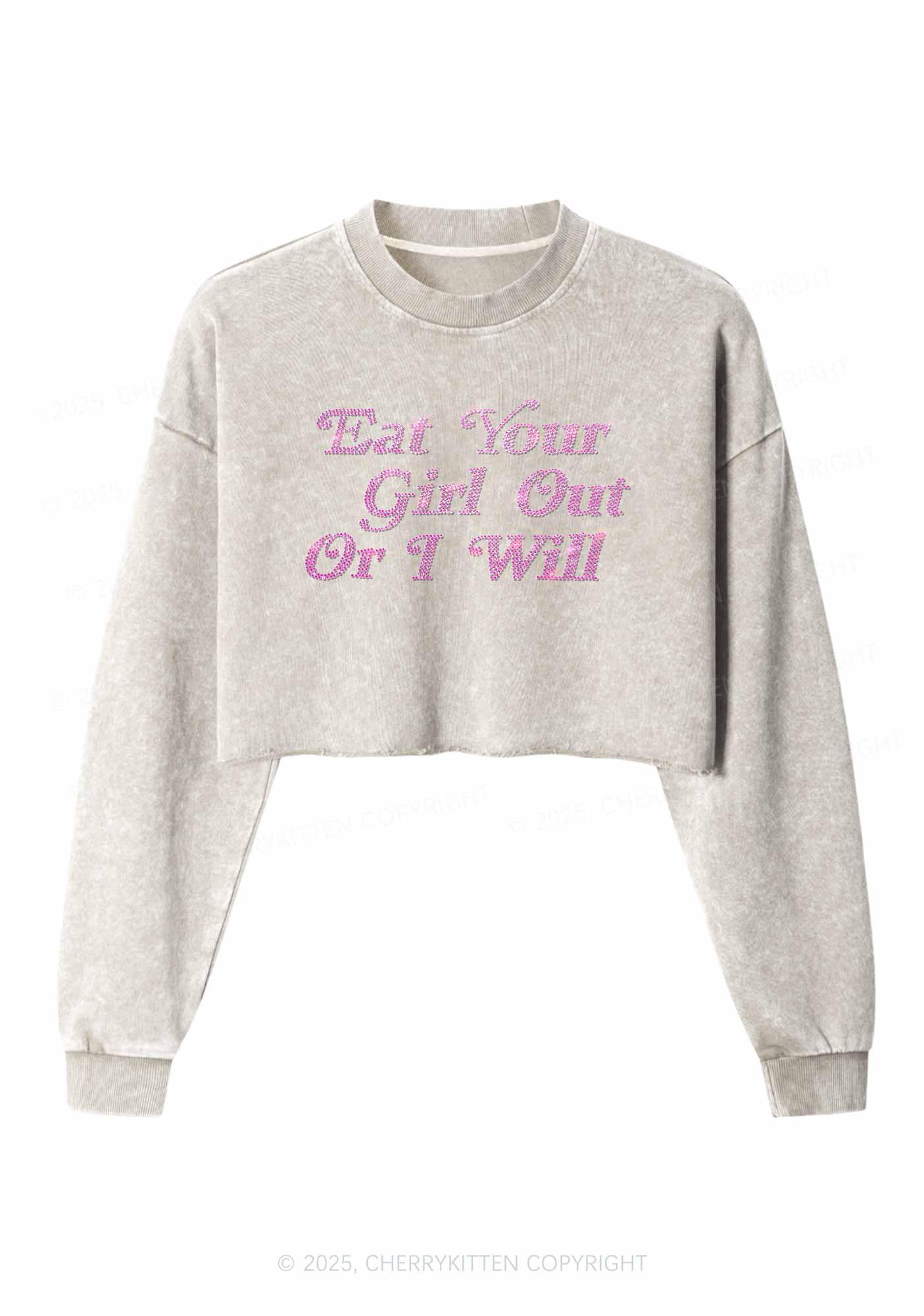 Rhinestone Eat Your Girl Out Y2K Crop Washed Sweatshirts Cherrykitten