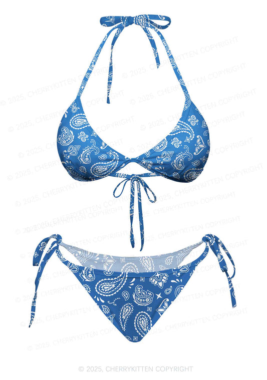 Blue Paisley Y2K Print Bikini Set Cherrykitten