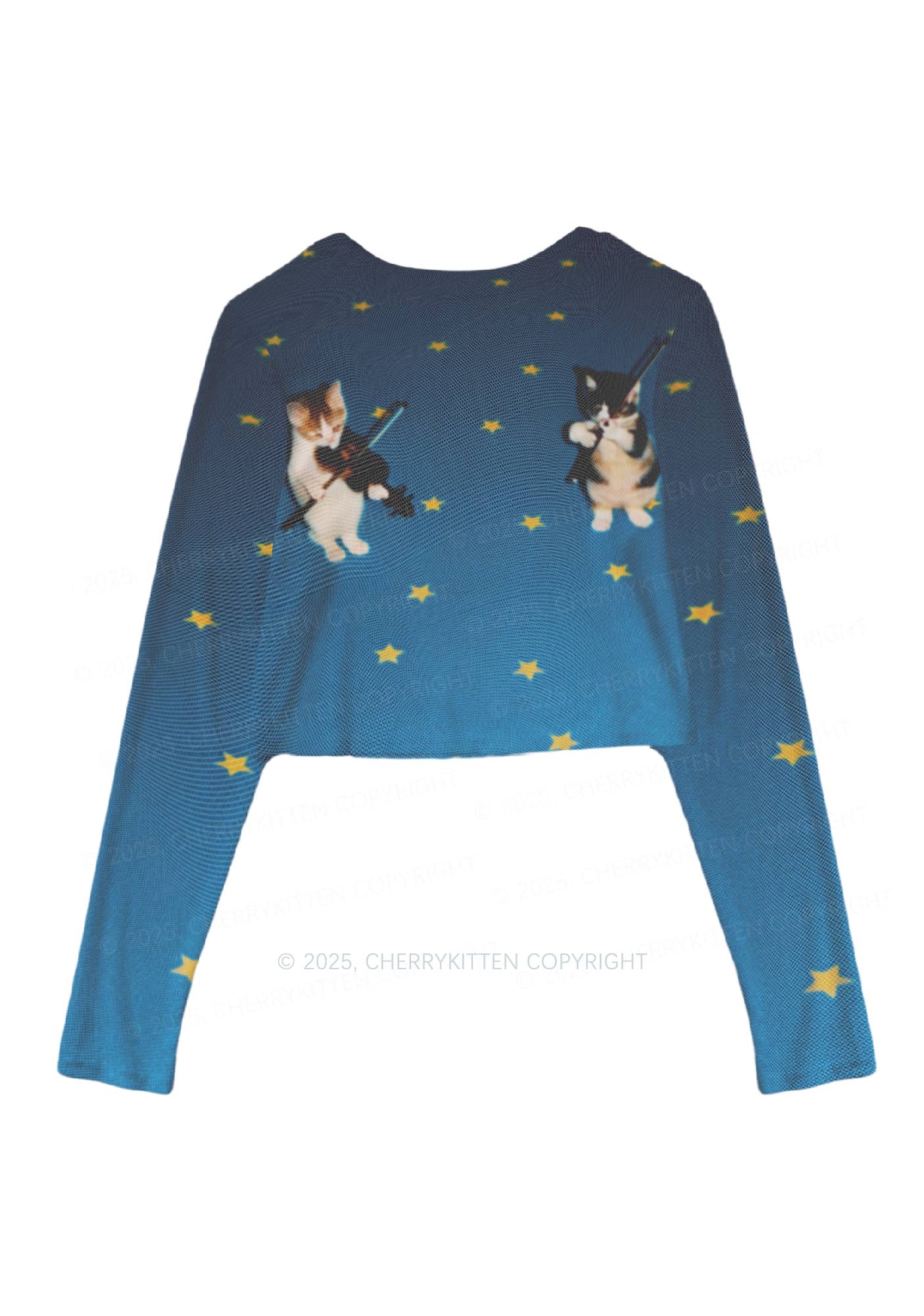 Kitten Violinist Y2K Mesh Long Sleeve Crop Top Cherrykitten