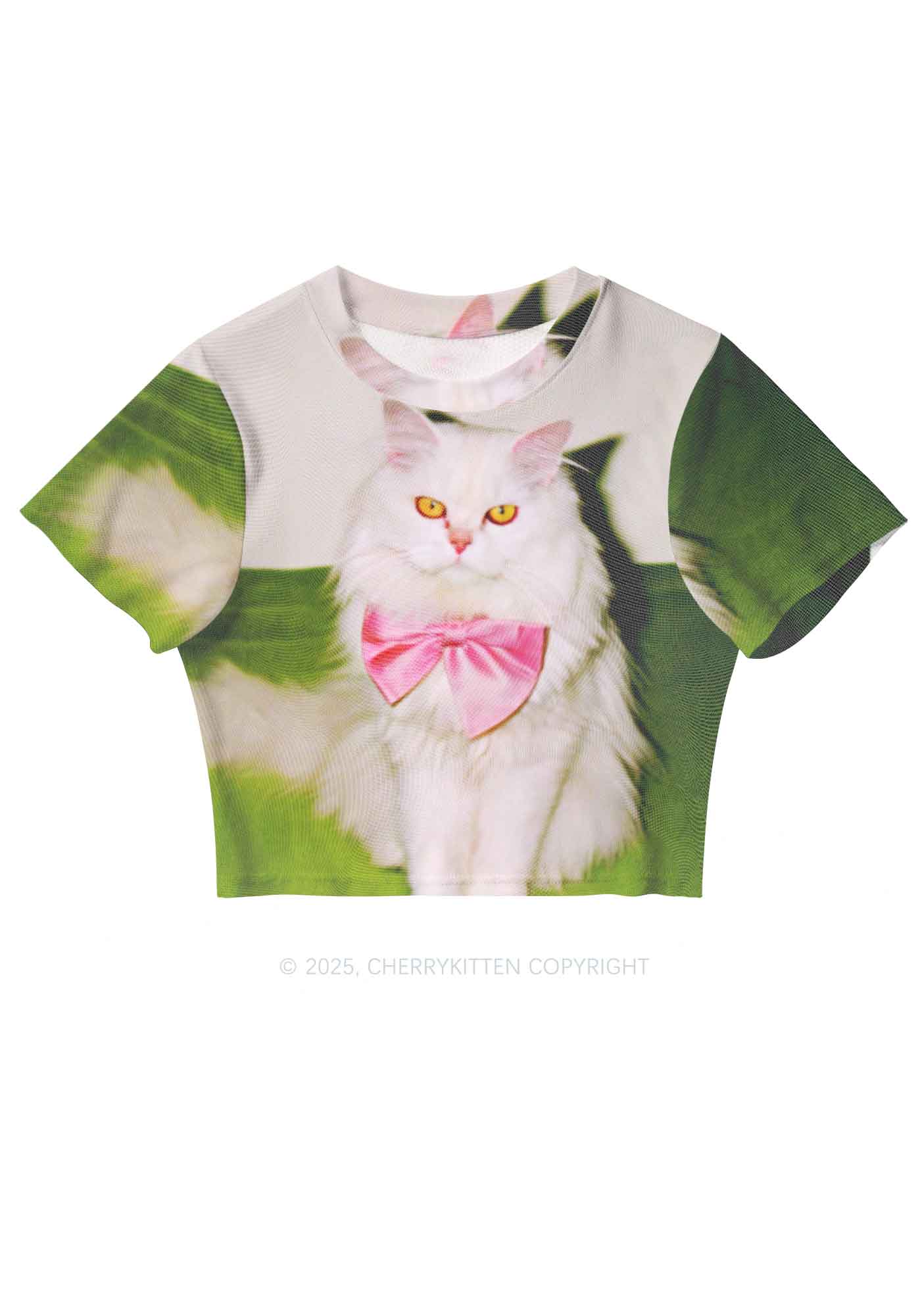 Pink Bow Cat Y2K Mesh Crop Top Cherrykitten