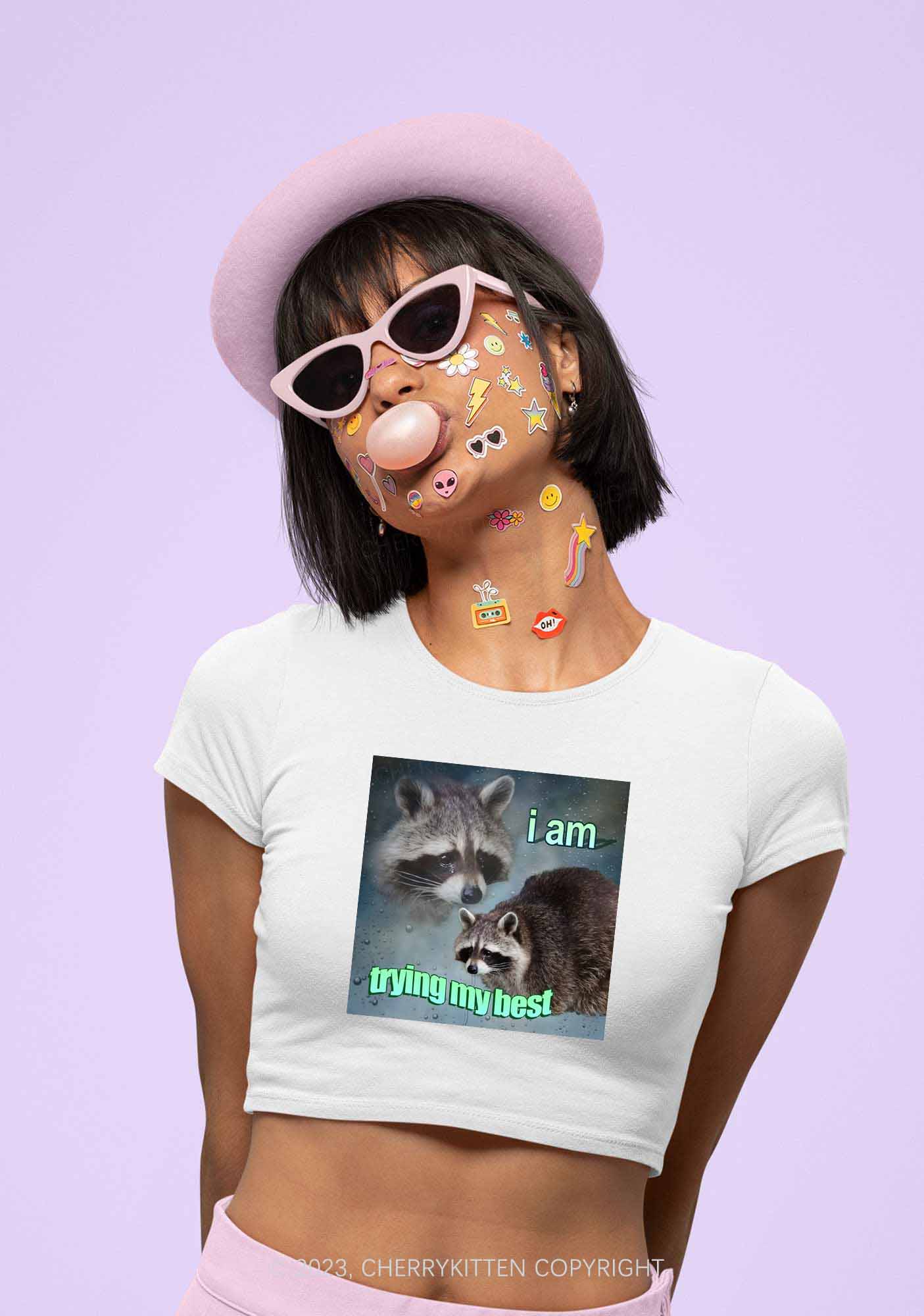 I Am Trying My Best Raccoon Y2K Baby Tee Cherrykitten