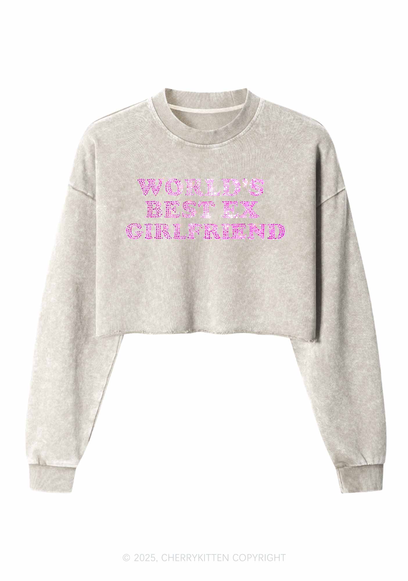 Rhinestone Best Ex Girlfriend Y2K Crop Washed Sweatshirts Cherrykitten