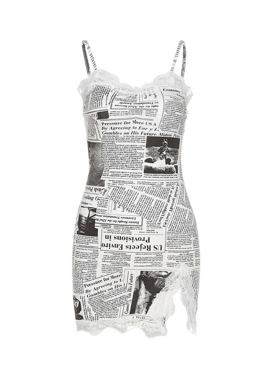 Y2K Stylish Newspaper Print Slip Dress Cherrykitten