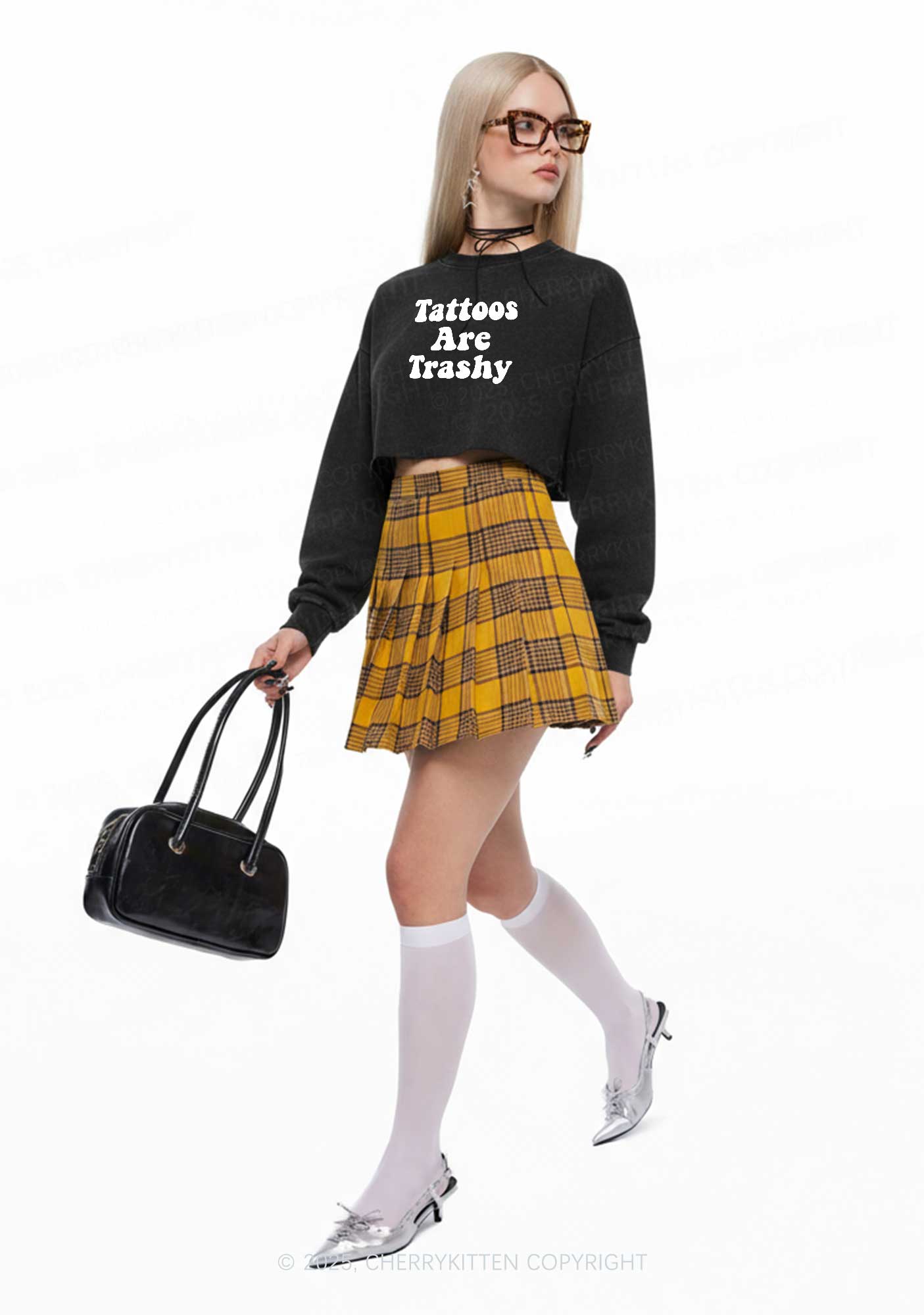 Tattoos Are Trashy Y2K Crop Washed Sweatshirts Cherrykitten