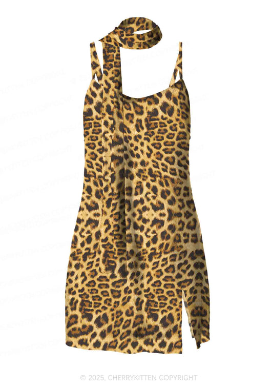 Brown Leopard Y2K Mesh Slip Dress Cherrykitten
