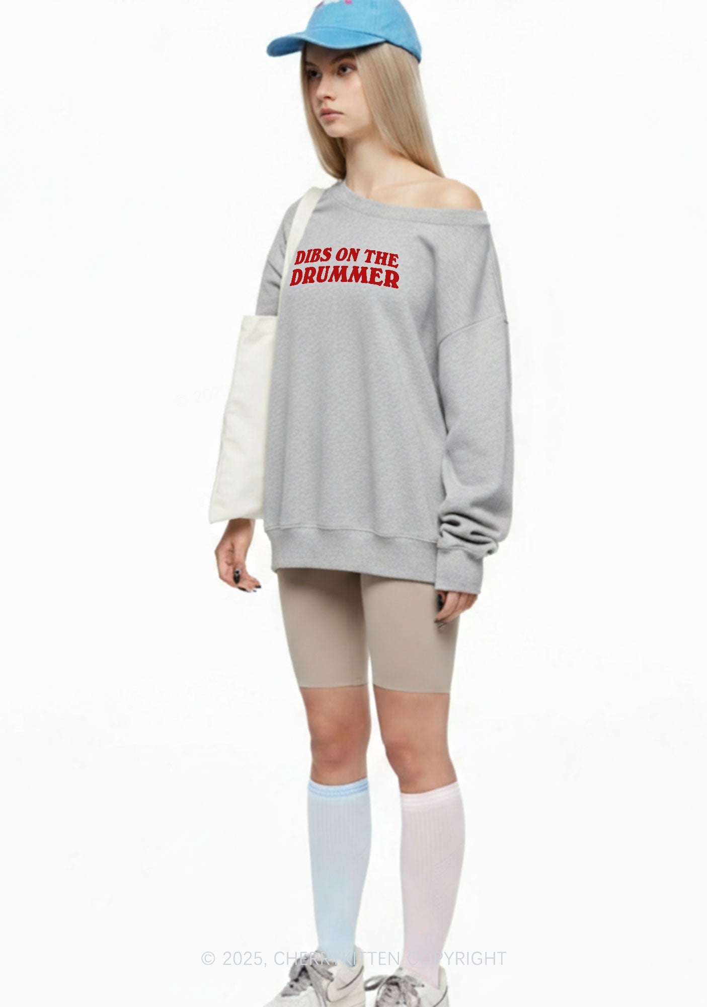 Dibs On The Drummer Y2K Off Shoulder Sweatshirts Cherrykitten