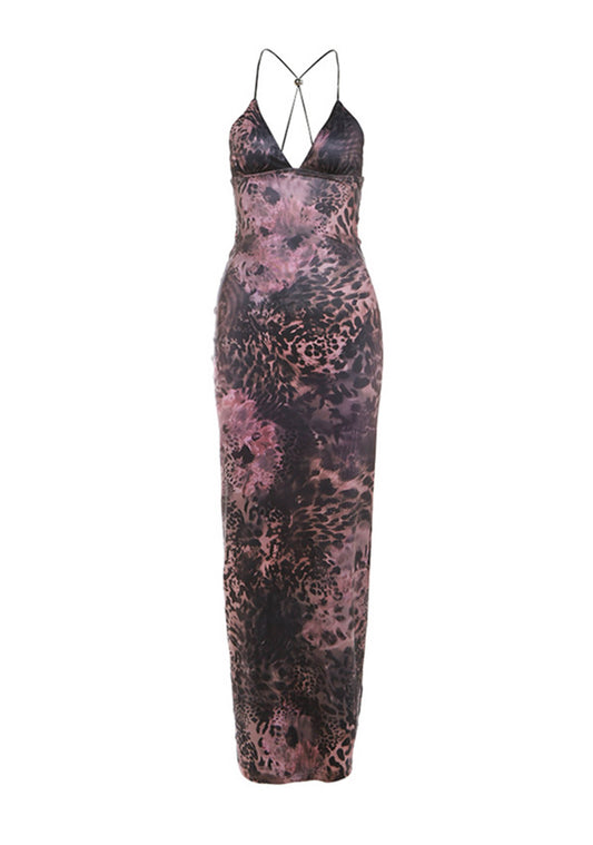 Leopard Print Y2K Halter Backless Slim Dress Cherrykitten