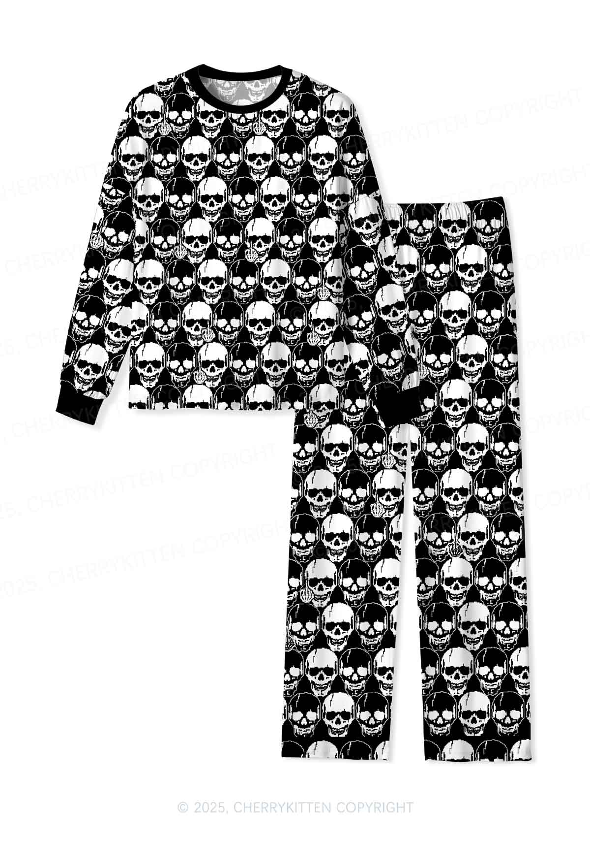Fxck Skulls Y2K Print Long Sleeve Pajama Set Cherrykitten