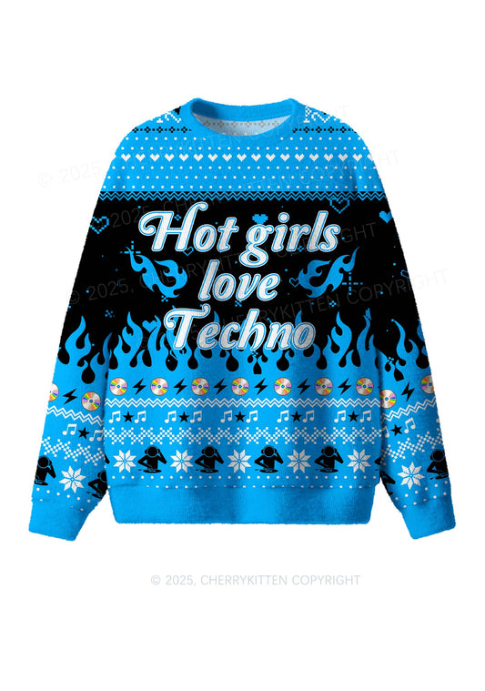 Blue Hot Girls Love Techno Y2K Christmas Knit Sweatshirt Cherrykitten