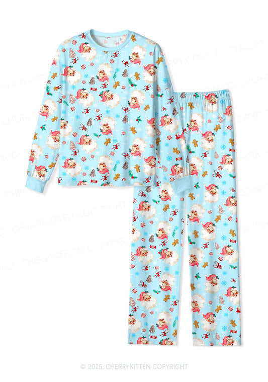 Christmas Blue Santa Y2K Print Long Sleeve Pajama Set Cherrykitten