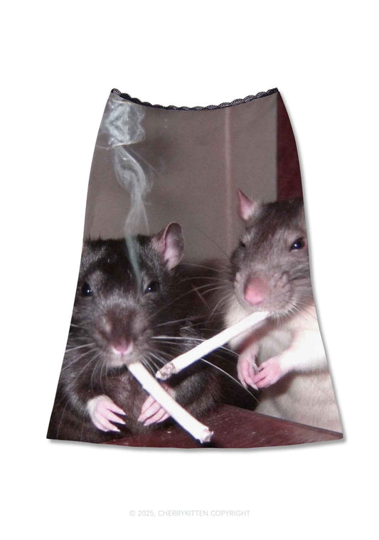 Smoking Rats Y2K Print Midi Skirt Cherrykitten