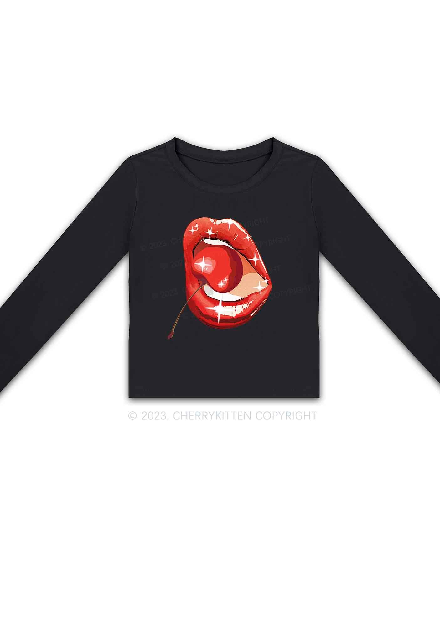 Red Cherry Lipstick Y2K Long Sleeve Crop Top Cherrykitten