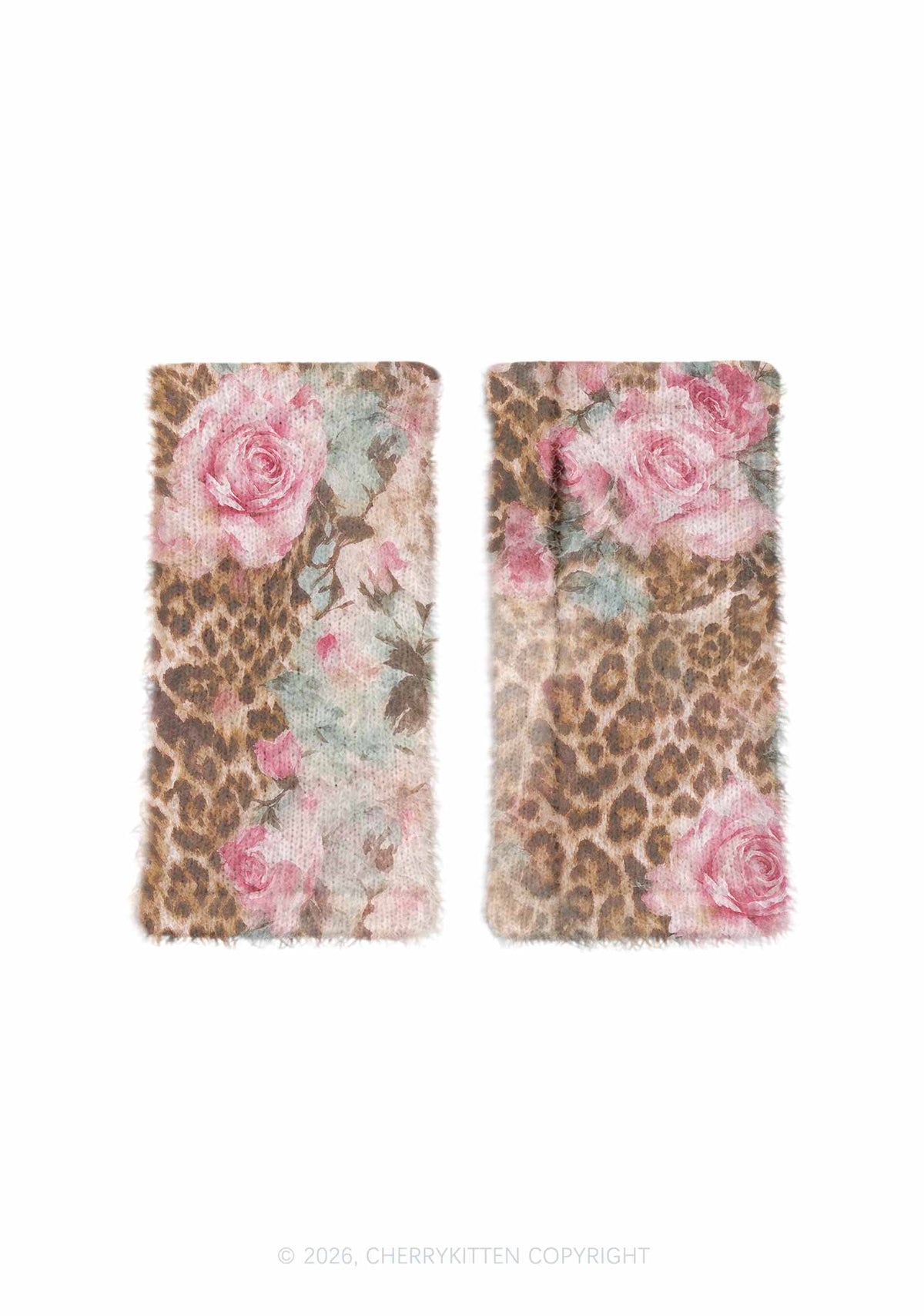 Pink Rose Leopard Y2K Print Fuzzy Arm Warmers Cherrykitten
