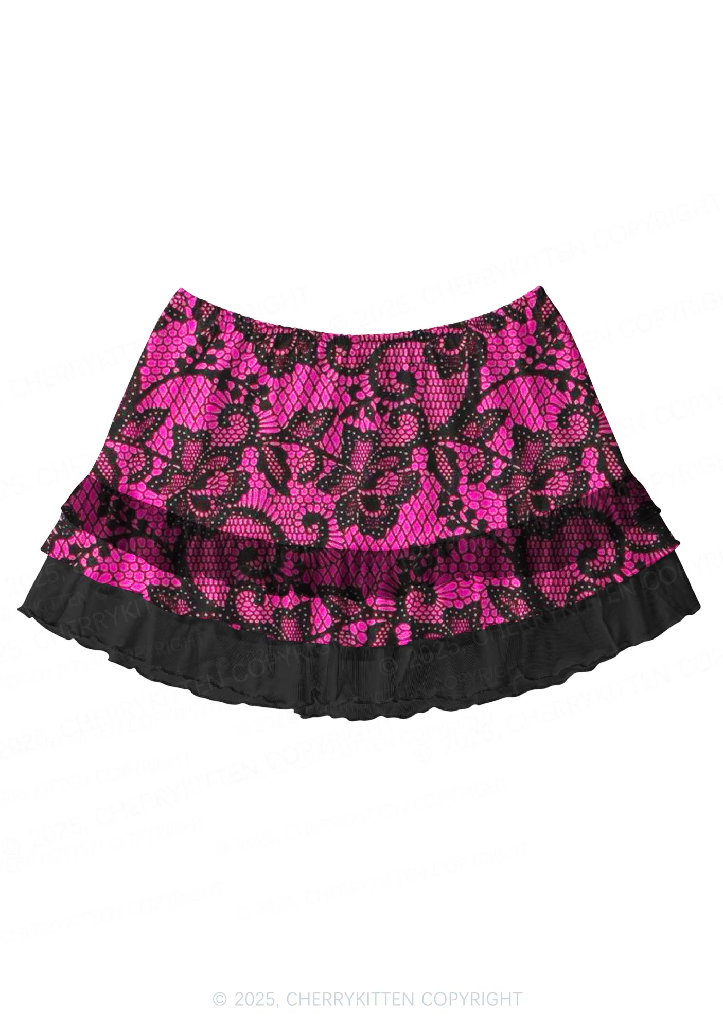 Pink Lace Flowers Y2K Print Mini Layered Skirt Cherrykitten