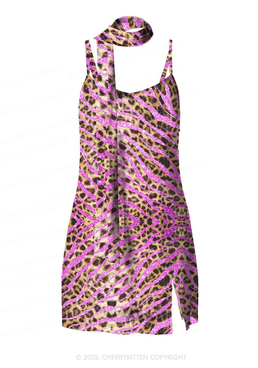 Sparkle Pink Leopard Y2K Mesh Slip Dress Cherrykitten