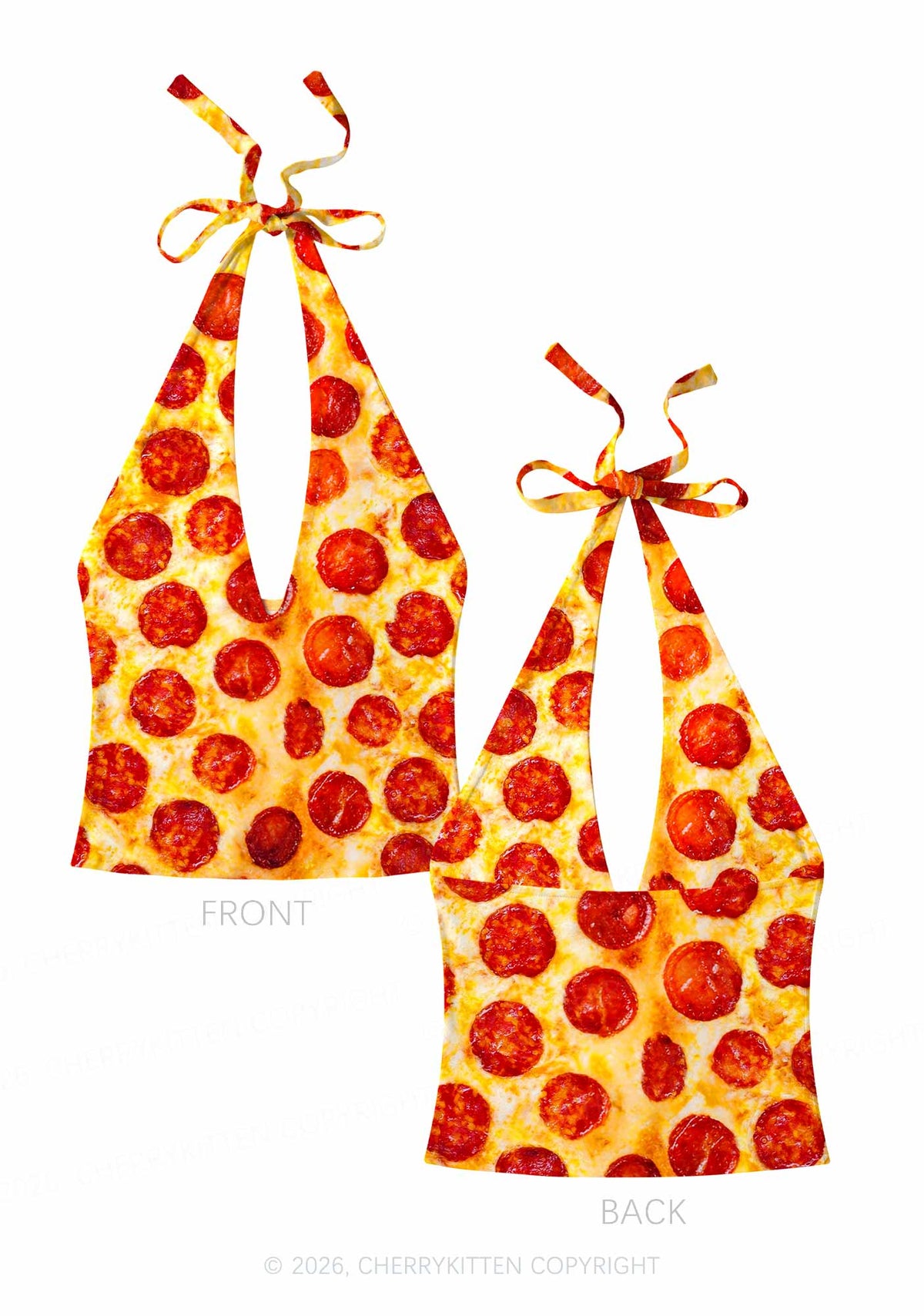 Sausage Pizza Y2K Print Halter Deep V Neck Cami Cherrykitten